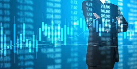 Poster - hand with stock financial chart symbols coming from hand