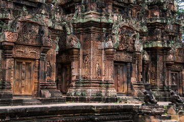 Banteay Srei is built largely of red sandstone and is a 10th-century Cambodian temple dedicated to the Hindu god Shiva, Siem Reap, Cambodia