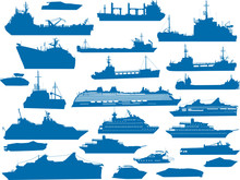 Twenty Four Blue Ship Silhouettes On White