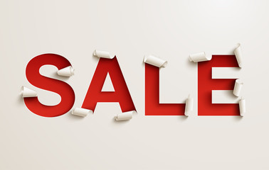 sale banner. cut out curled white paper over a red background