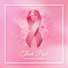 Breast Cancer Pink Ribbon With Flowers On Pink Background. Vector Illustration