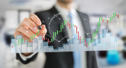 Aufkleber - Businessman using digital 3D rendered stock exchange stats and charts