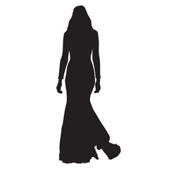 Wall Mural - Woman walking in long dress, slim sexy lady vector silhouette