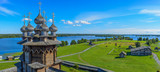 Fototapeta  - Panorama of Kizhi Island from the bell tower. In the foreground Church of the Intercession of the Virgin. Kizhi island (pogost), Onega lake, Karelia, Russia.
