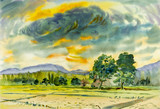 Fototapeta Dinusie - Watercolor painting colorful of rice field in mountain and emotion sky, rain cloud background.