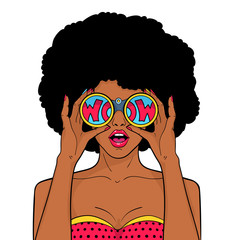 Wall Mural - Wow face. Sexy surprised black woman with afro hair and open mouth holds binoculars in her hands with inscription wow in reflection. Vector object in pop art retro style isolated on white background.