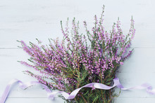 Bouquet Of Heather (calluna Vulgaris, Erica, Ling) Decorated Satin Ribbon On Blue Vintage Background From Above. Beautiful Pink Flower For Greeting Card.