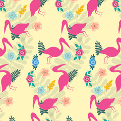  Seamless pattern of a pink pelican with flowers