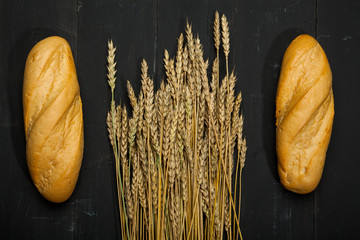 Baguette and wheat on a black background