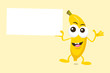 Illustration of cute banana mascot with offer label in his hand. Isolated on light background.