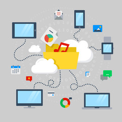 Poster - Vector illustration concept for file storage, sharing, in cloud computing. Isolated on light background.