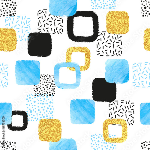 Seamless pattern with blue, black and golden squares. Vector abstract backgro...