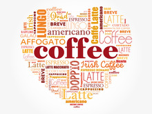 Love Heart List Of Coffee Drinks Words Cloud Collage, Poster Background