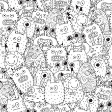 Funny Monsters Seamless Pattern For Coloring Book. Black And White Background. Vector Illustration