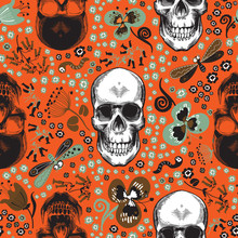 Cute Seamless Pattern With Human Skulls Drawn In Vintage Engraving Style, Cartoon Green And Brown Flowers, Butterflies And Worms Against Orange Background. Vector Illustration For Textile Print.