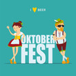 Oktoberfest beer festival. Man and woman in traditional bavarian costume. Inscription Oktoberfest. Vector illustration 