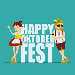 Wall Mural - Oktoberfest beer festival. Man and woman in traditional bavarian costume. Inscription Happy Oktoberfest. Vector illustration 