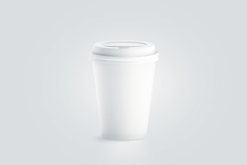 Fototapete - Blank white disposable paper cup with plastic lid mock up isolated, 3d rendering. Empty polystyrene coffee drinking mug mockup front view. Clear plain tea take away package, cofe branding template.