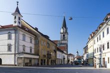 Central Square In Kranj, With The Church Of St. Kancijan.