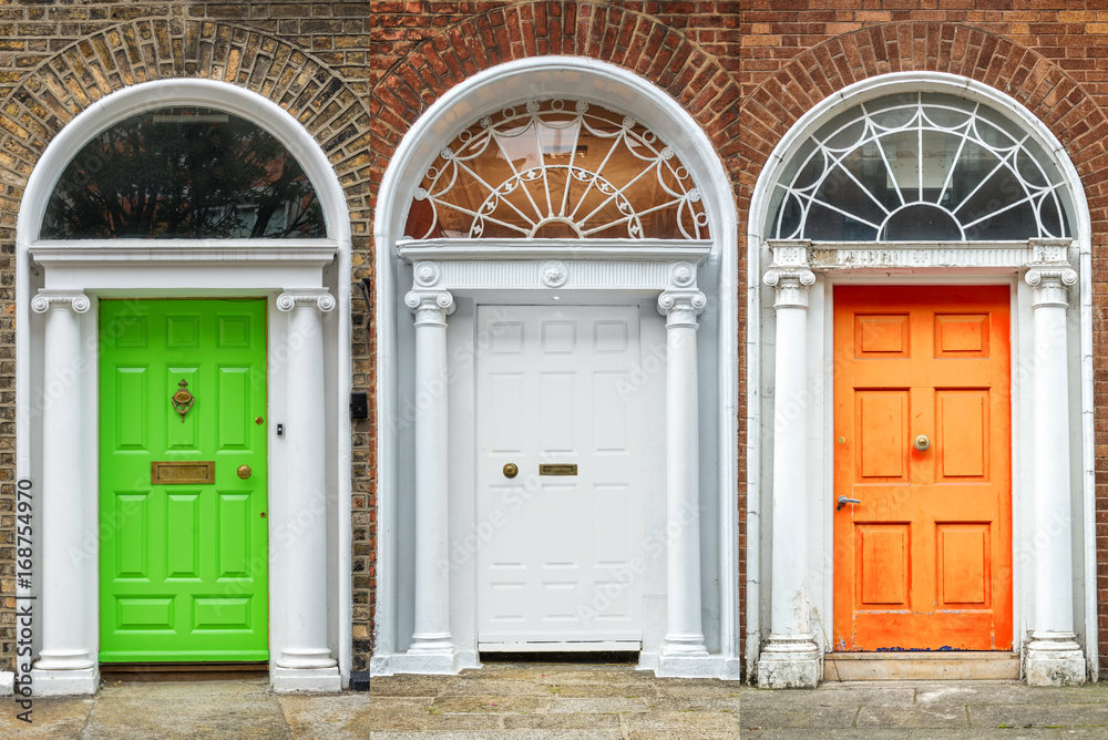 Obraz na płótnie Doors in Dublin, green, white and orange, irish flag colors, Ireland w salonie
