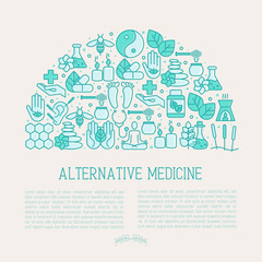  Alternative medicine concept in half circle with thin line icons. Vector illustration of banner, print media or web site for yoga, acupuncture, wellness, ayurveda, chinese medicine, holistic center.