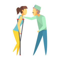 Poster - Doctor helping woman walking with crutches. Medical care concept. Colorful cartoon characters