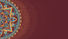 Horizontal Brown Background With Oriental Round Pattern. Vector Illustration.