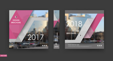 Paper info card mockup. A4 brochure cover design. Company banner frame. Title sheet model set. Modern vector front page art. Urban city house texture. White, pink lines figure icon. Ad flyer text font