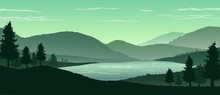 Nature Landscape Background With Silhouettes Of Mountains And Trees