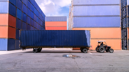 container box loading at yard,Container handling. Container truck picking up container at yard. Port logistics, container yard operation.