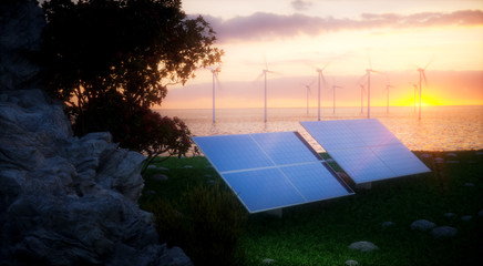 Wall Mural - Renewable energy concept - photovoltaic and offshore wind turbines. 3d rendering.