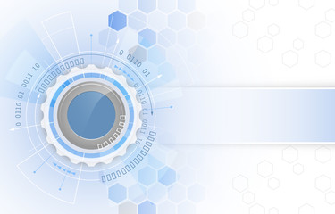 Fototapete - Vector illustration, gear wheel, arrows and hexagon pattern. Abstract futuristic hi-tech digital technology background.