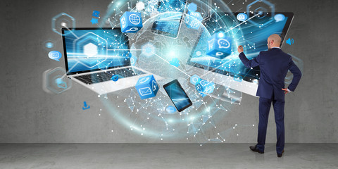 Poster - Tech devices connected to each other by businessman 3D rendering