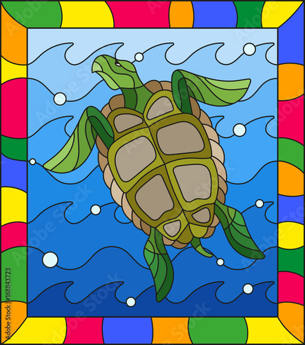 ilustracja-w-witrazu-stylu-zolwia-w-fale-i-babelki-powietrza-w