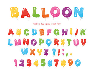 Wall Mural - Balloon colorful font. Festive glossy ABC letters and numbers. For birthday, baby shower celebration.