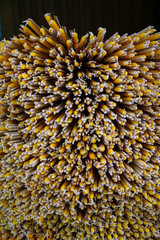 Pile of incense sticks and candles abstract background showing candlewick prepared for praying in thai buddhist temple