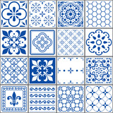 Portuguese tiles pattern, Lisbon seamless indigo blue tiles, Azulejos vintage geometric ceramic design