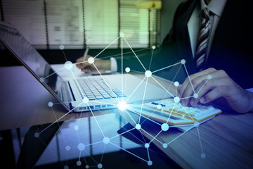 Poster - business person using digital devices. Internet of Things. Information Communication Technology. mixed media.