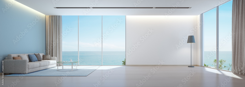 Sea view living room with wooden floor and empty white wall background in luxury beach house, Modern interior of vacation home - Office lounge 3D rendering - obrazy, fototapety, plakaty 