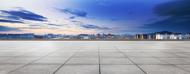 Poster - empty floor and cityscape of modern city