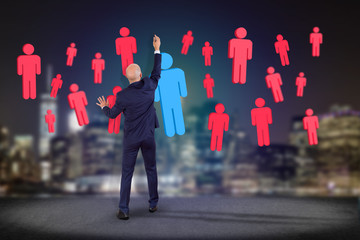 Poster - Businessman in front of a wall Intruder in a group of network people - Business and contact concept