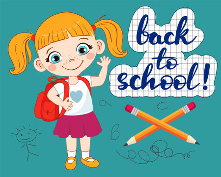 Welcome back to school! Cute school girls with bag. Vector illustration