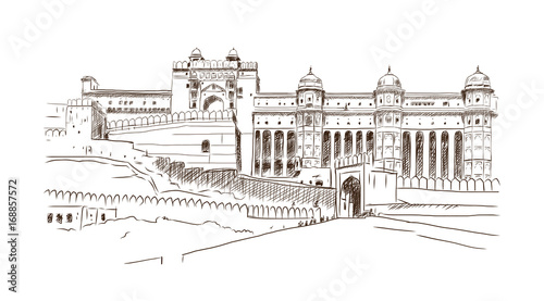 Hand Drawn Sketch Illustration Landmark Of Amber Fort