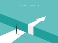 Business Challenge Or Obstacle Vector Concept With Businessman Standing On The Edge Of Gap, Chasm With Arrow Going Through. Concept Of Courage, Bravery, Risk.