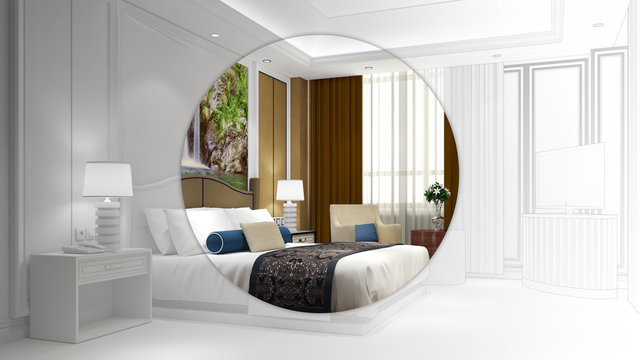 Hotelzimmer als CAD-Verlauf und 3D Rendering
