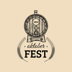 Wall Mural - Oktoberfest label. Beer festival sign with hand sketched wooden barrel. Vector vintage brewery badge. Wiesn symbol