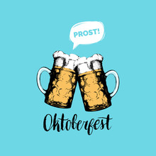 Oktoberfest Flyer. Vector Beer Festival Poster. Brewery Label Or Badge With Vintage Hand Sketched Glass Mugs