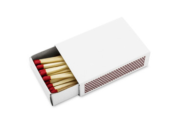 Half opened blank matchbox with matches inside isolated on white