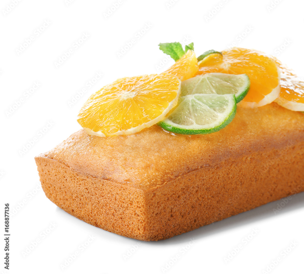 Delicious citrus cake with sliced fruits on white background