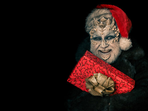 Happy monster in santa hat and fur coat